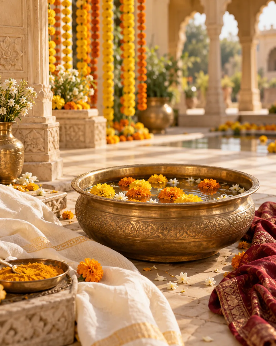 Marigolds floating in a brass bowl beside turmeric and ivory linen